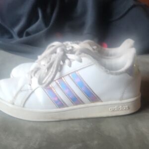 Adidas Kids White Sneakers with Holographic Stripes